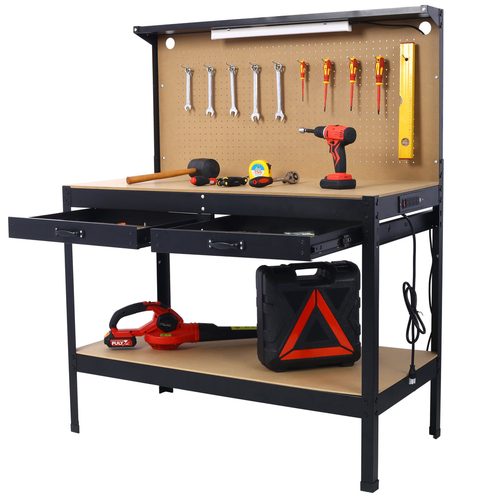Steel Workbench with Drawer, Pegboard, 4 AC Outlets & 2 USB Ports