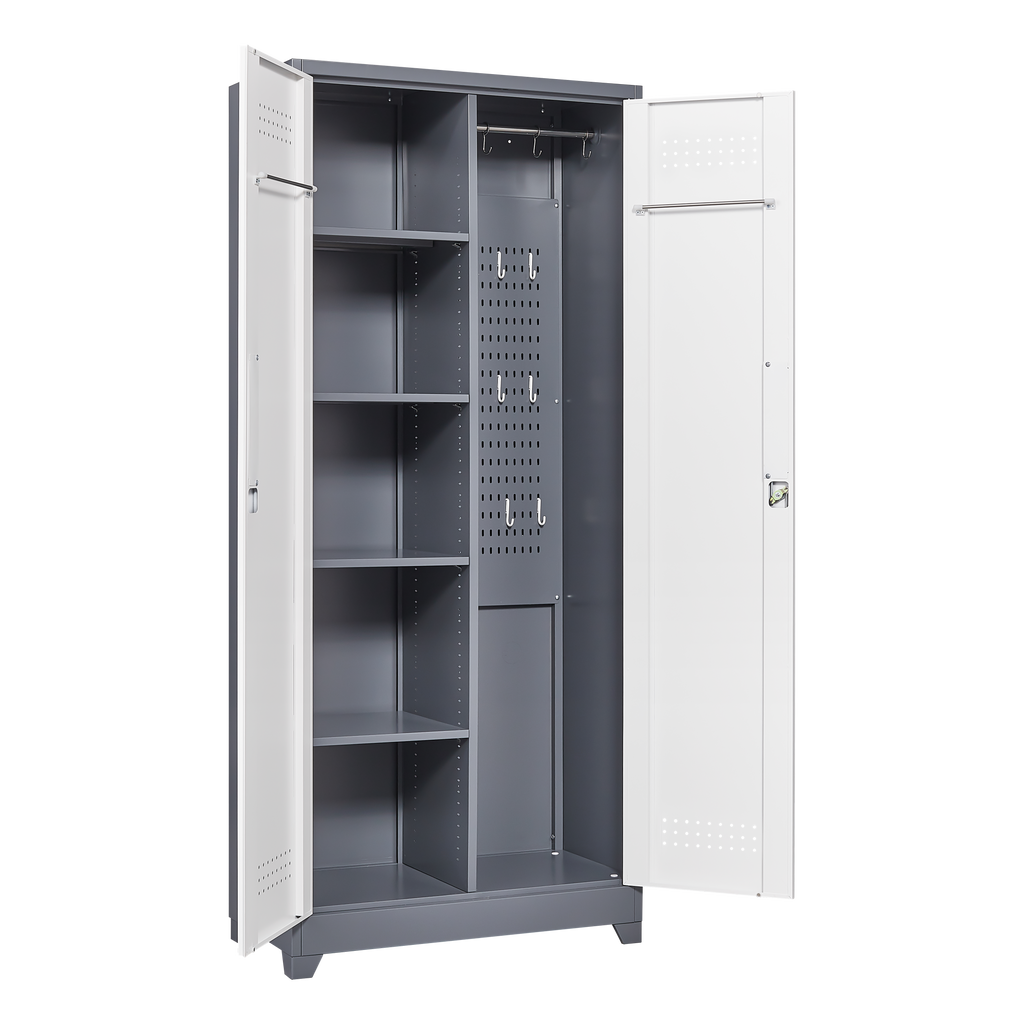 Metal storage cabinets, lockable cleaning tool cabinets, high broom tool organizers, and large storage cabinets in storage store
