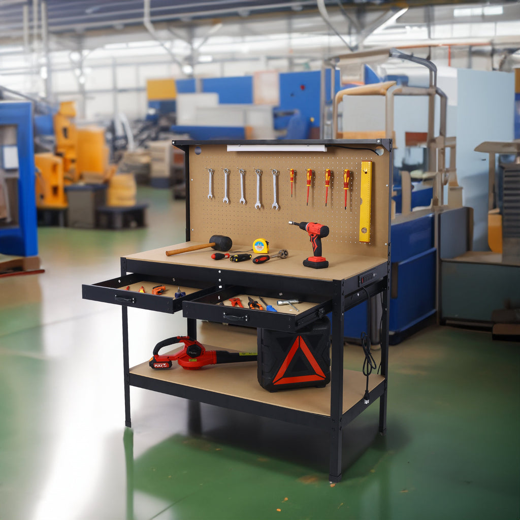Steel Workbench with Drawer, Pegboard, 4 AC Outlets & 2 USB Ports