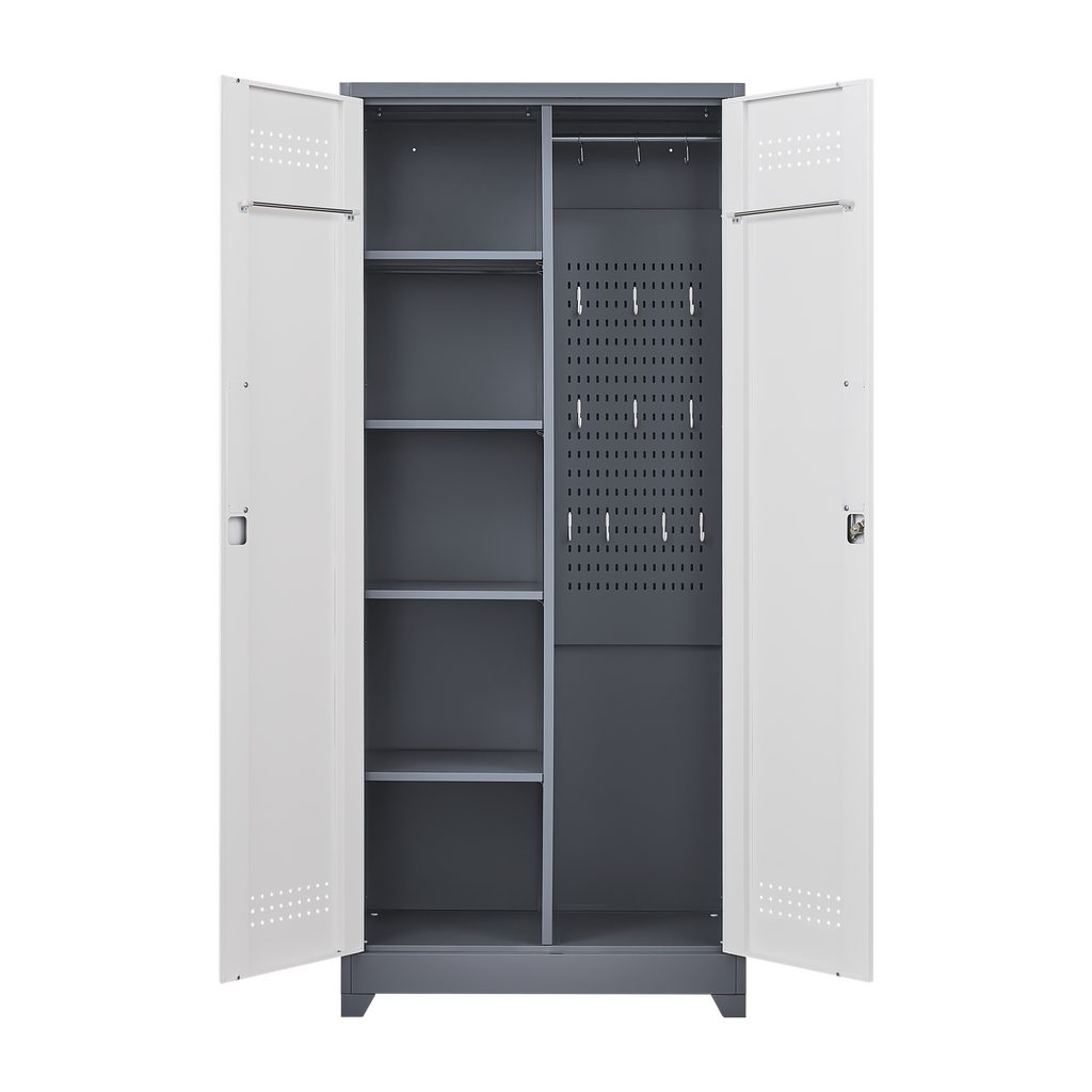 Metal storage cabinets, lockable cleaning tool cabinets, high broom tool organizers, and large storage cabinets in storage store