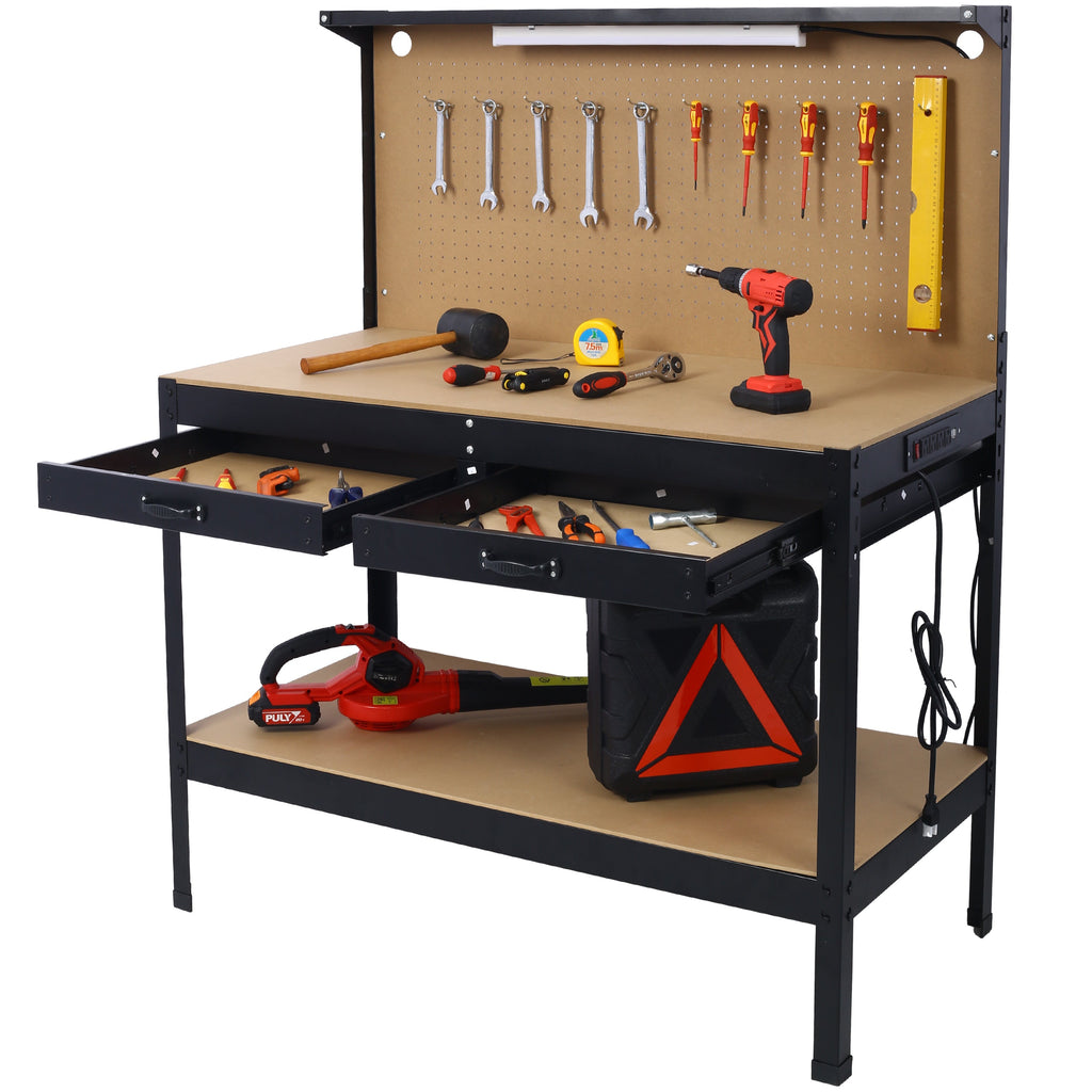 Steel Workbench with Drawer, Pegboard, 4 AC Outlets & 2 USB Ports