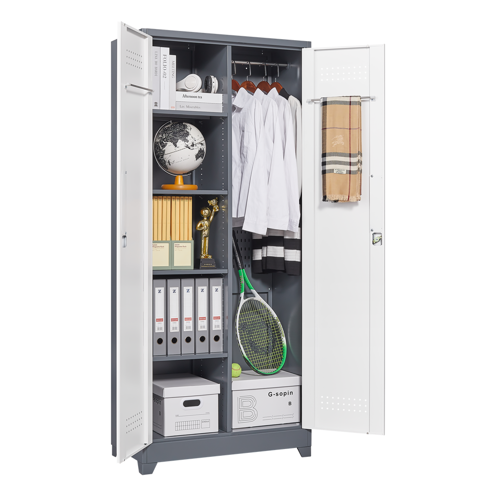 Metal storage cabinets, lockable cleaning tool cabinets, high broom tool organizers, and large storage cabinets in storage store
