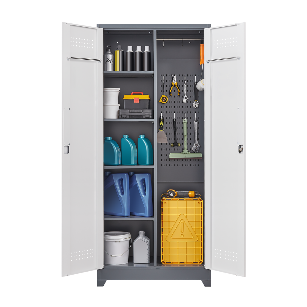 Metal storage cabinets, lockable cleaning tool cabinets, high broom tool organizers, and large storage cabinets in storage store