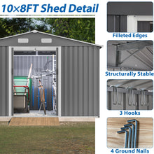 Load image into Gallery viewer, 10X8 FT outdoor tool storage shed with metal foundation and lockable door, all-weather metal shed, gray