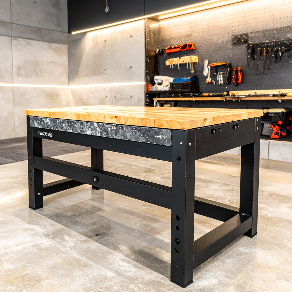 Gladiator 8’ Adjustable Height Workbench – heavy-duty steel frame with hardwood top
