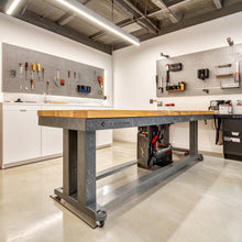 Load image into Gallery viewer, Gladiator 8’ Adjustable Height Workbench – heavy-duty steel frame with hardwood top