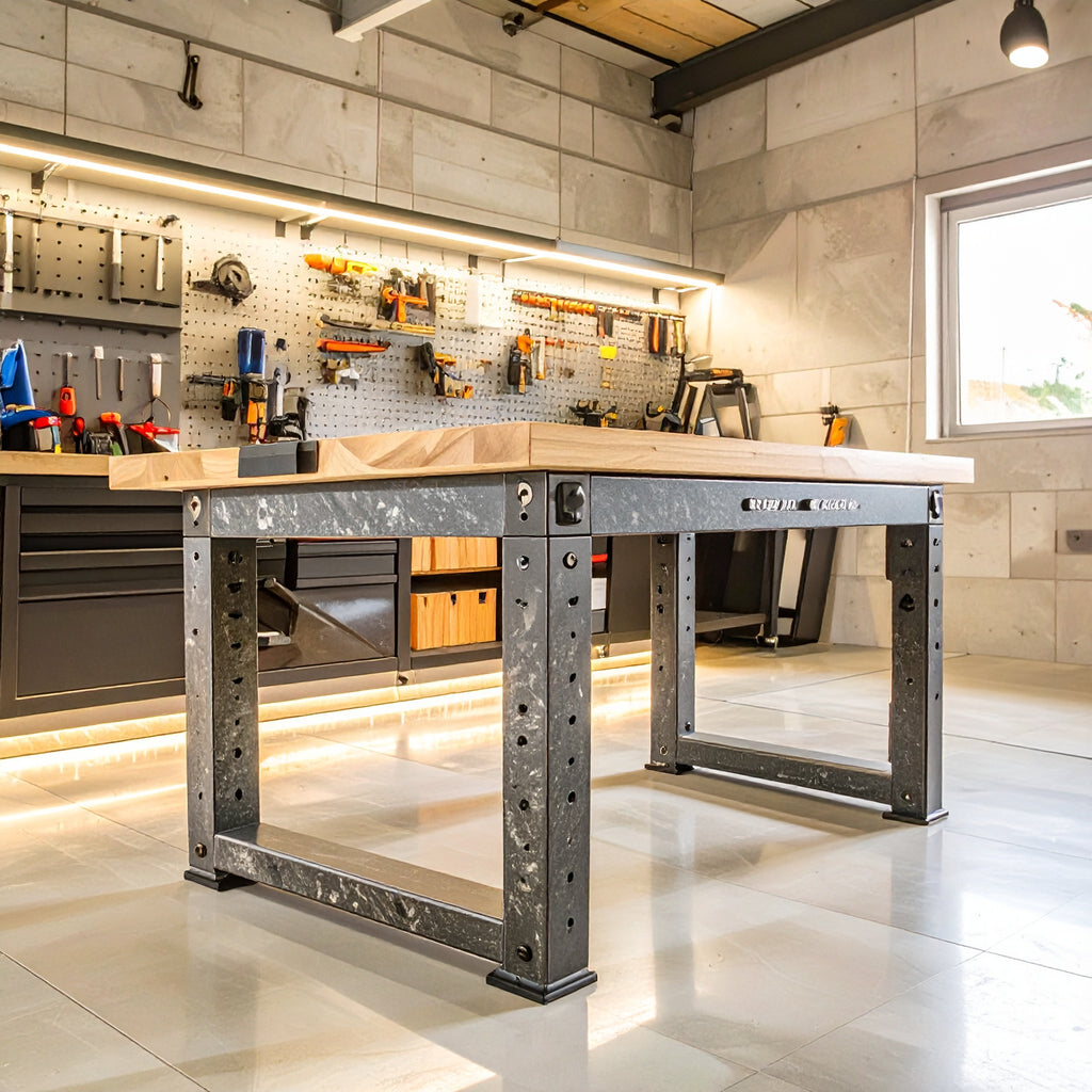 Gladiator 8’ Adjustable Height Workbench – heavy-duty steel frame with hardwood top