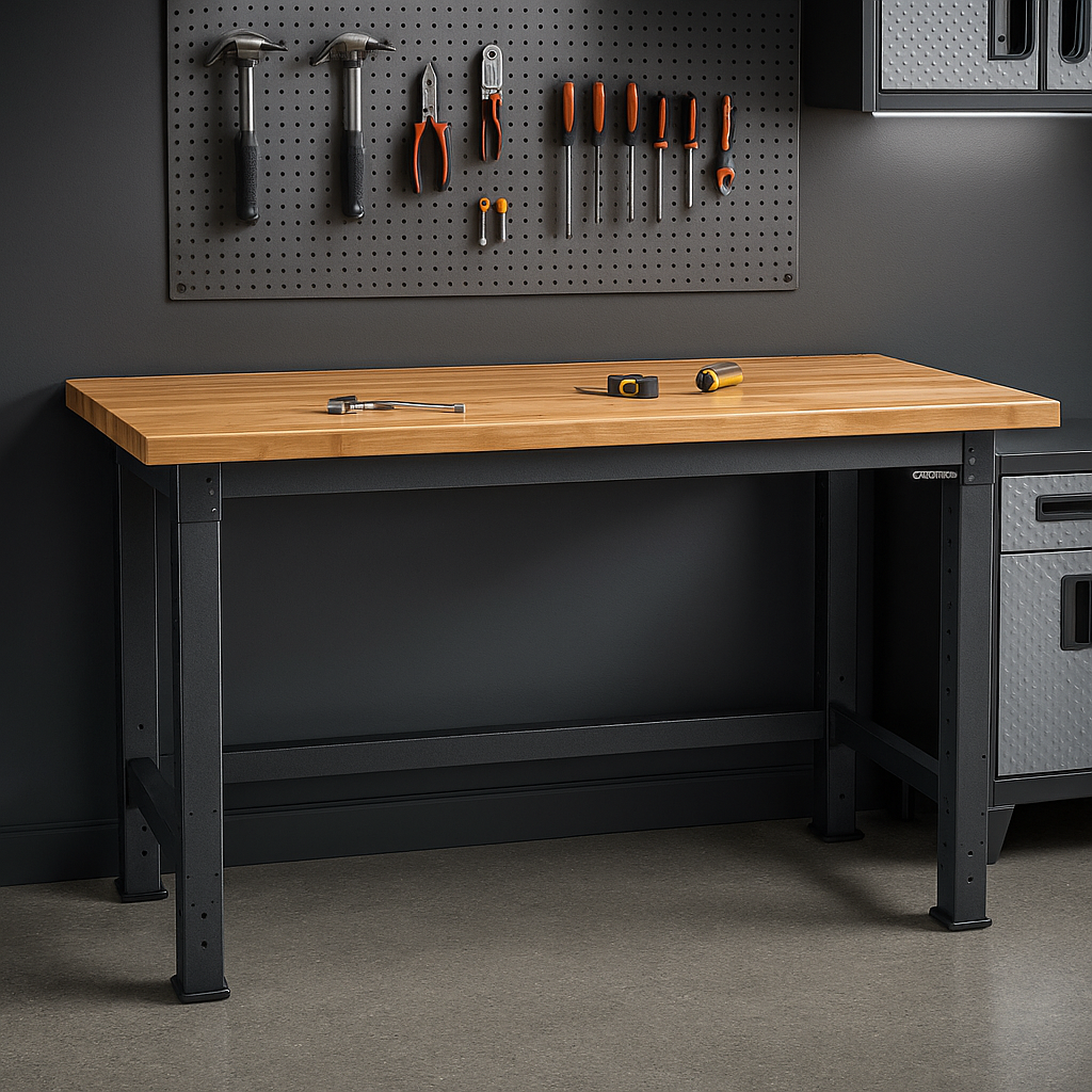 Gladiator 8’ Adjustable Height Workbench – heavy-duty steel frame with hardwood top