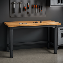 Gladiator 8’ Adjustable Height Workbench – heavy-duty steel frame with hardwood top